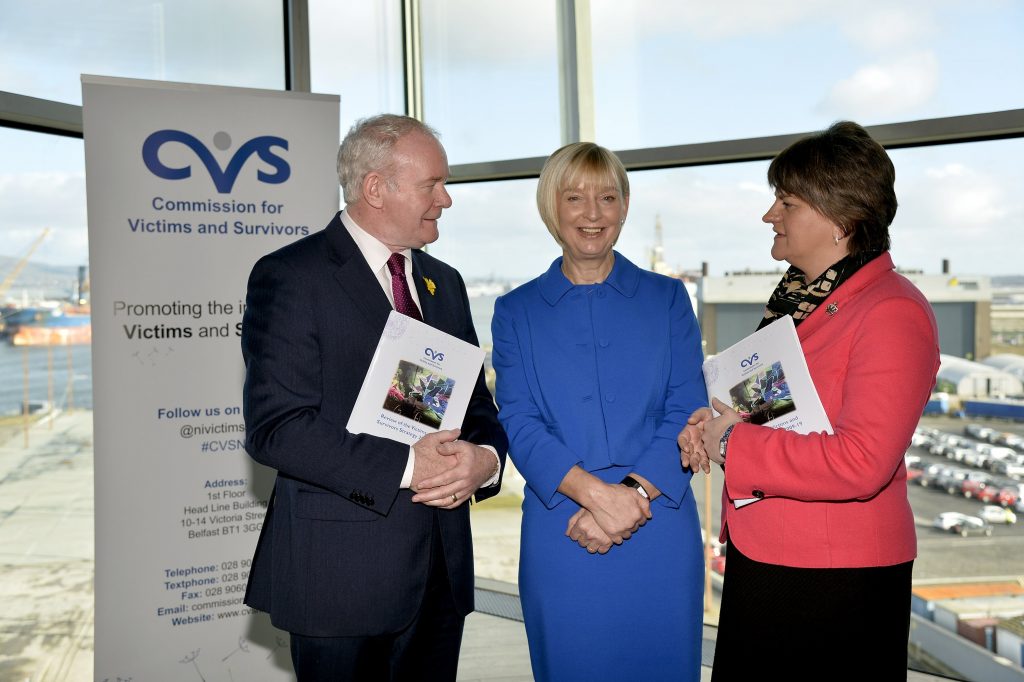 Pictured at the Commission for Victims and Survivors Conference to review the Victims Strategy are Deputy First Minister Martin McGuinness, Commissioner Judith Thompson and First Minster Arlene Foster (Credit: VCS website. Press Eye - Northern Ireland -9th March 2016)